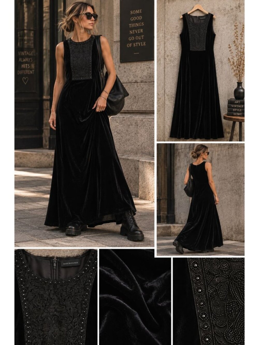 Elie Tahari Black Silk Velvet Beaded Maxi Evening Gown Dress Size 14